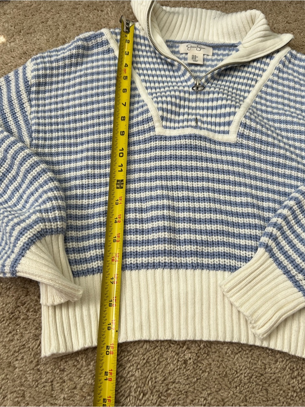 Women’s Medium Blue and White Striped Quarter Zip Knit Nautical Coastal Preppy - Picture 3 of 6